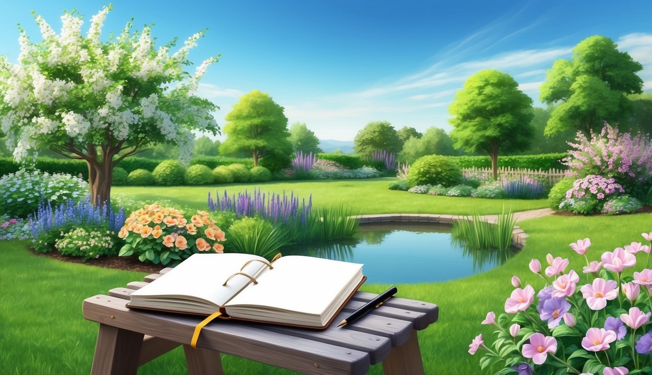 A peaceful garden with blooming flowers, a serene pond, and a clear blue sky, with a journal and pen resting on a wooden bench