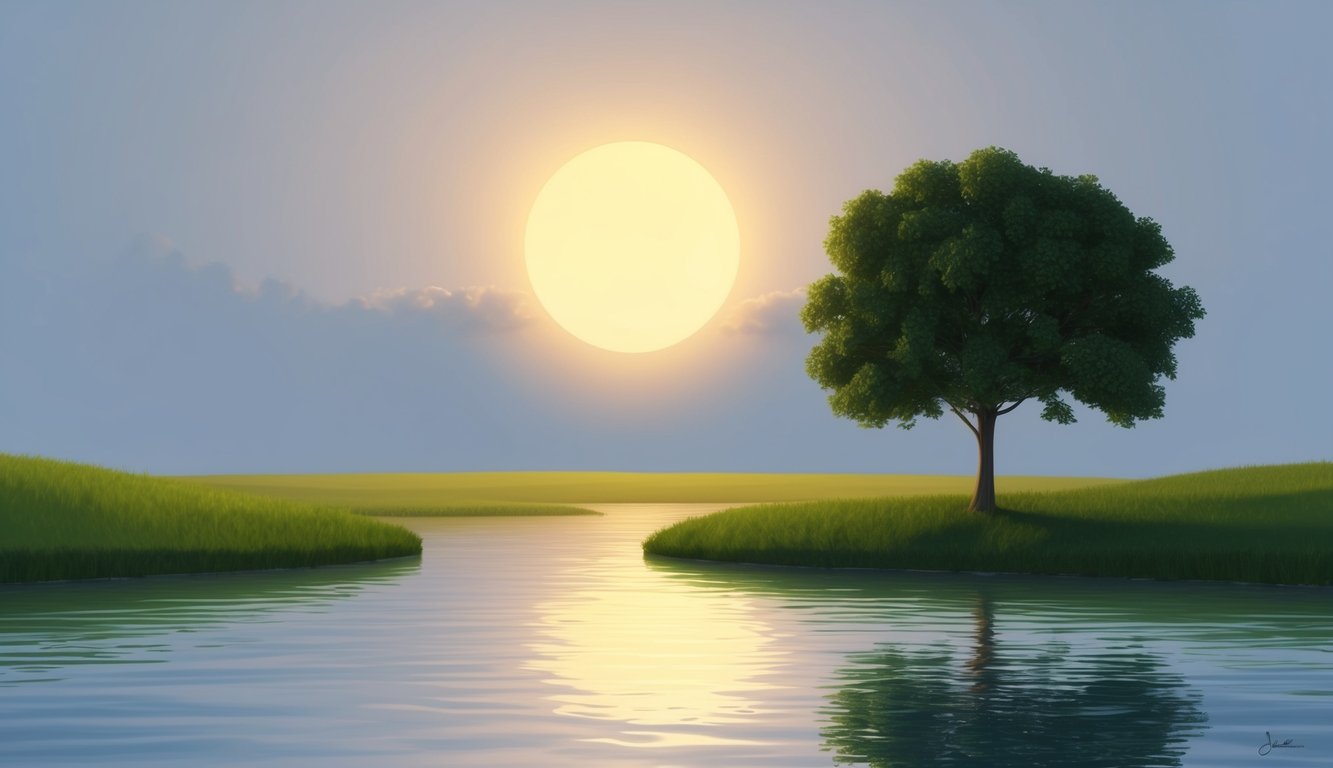 A serene landscape with a glowing sun, calm waters, and a single tree, symbolizing the timeless lessons of Jesus inspiring peace and growth