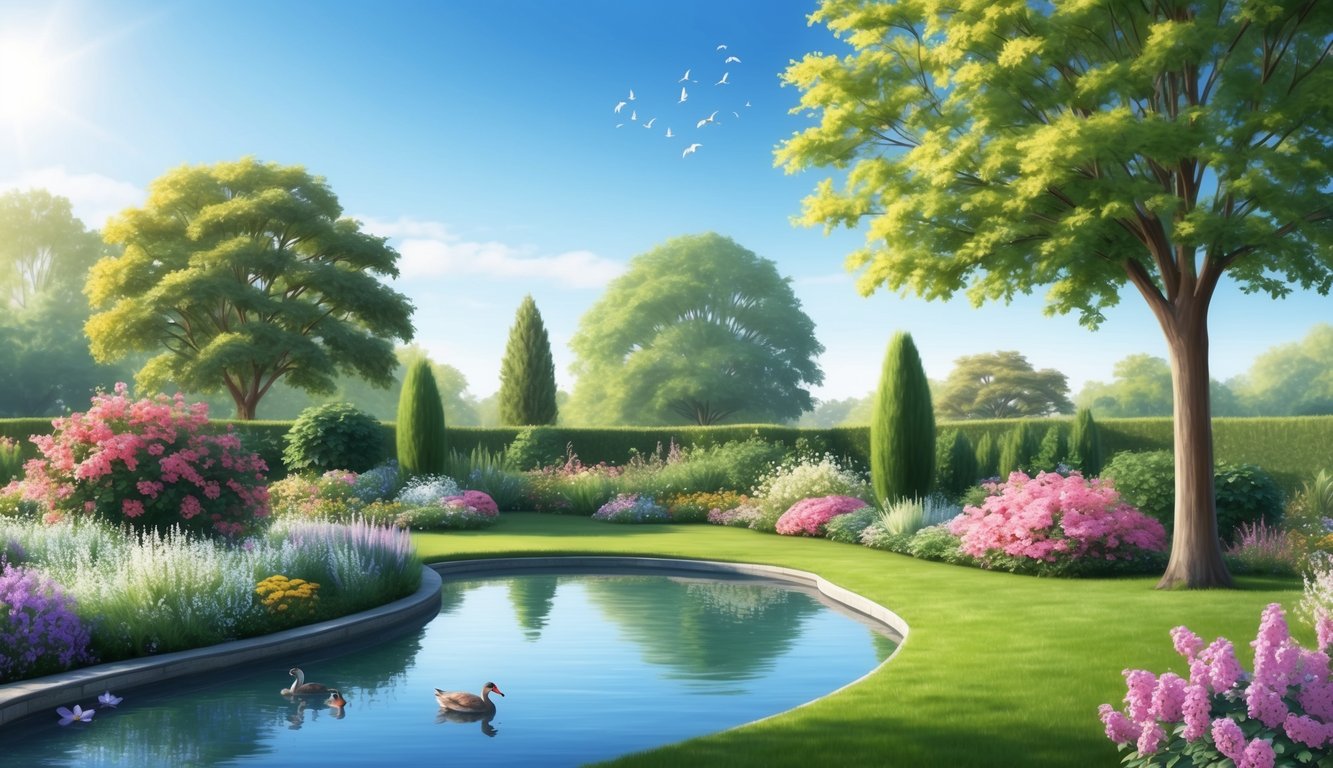 A peaceful garden with blooming flowers, a serene pond, and a gentle breeze, surrounded by lush trees and a clear blue sky