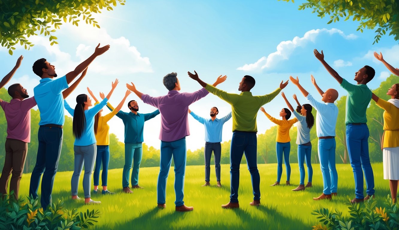 A group of diverse individuals standing in a circle, arms outstretched towards the sky, surrounded by nature and singing hymns of thanksgiving