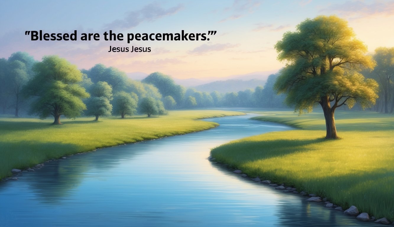 A serene landscape with a calm, flowing river and peaceful surroundings, symbolizing the message of "Blessed are the peacemakers" from Jesus