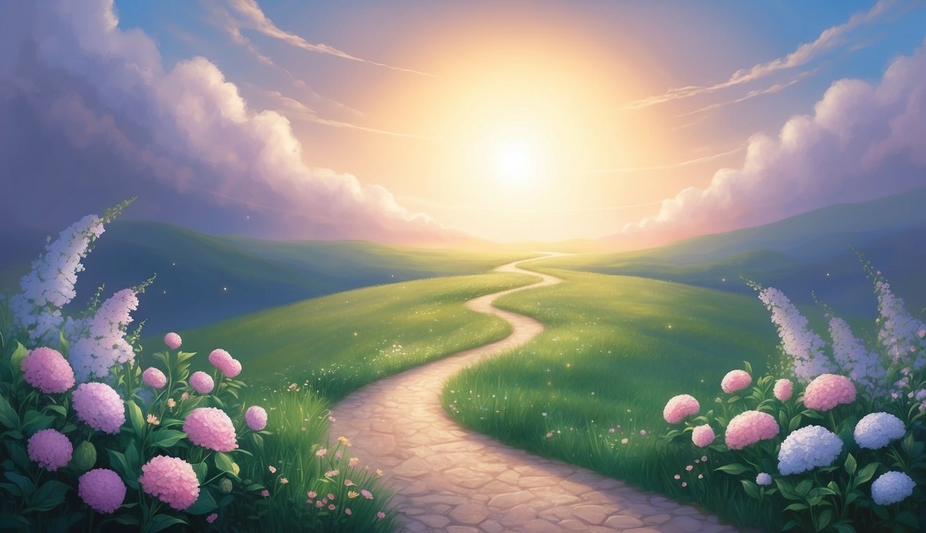 A serene landscape with a winding path leading to a glowing, ethereal light, surrounded by blooming flowers and a peaceful atmosphere