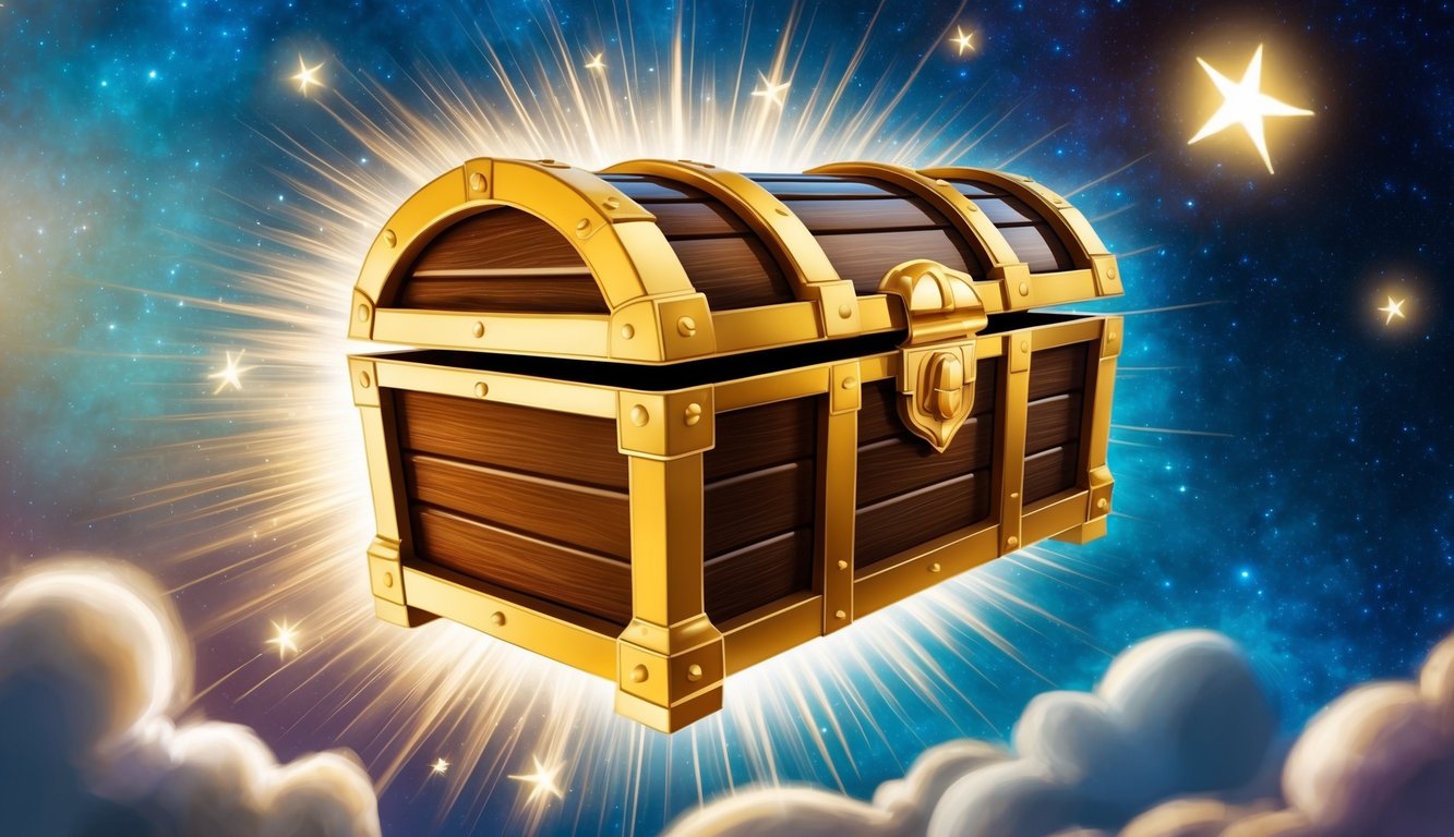 A radiant, golden treasure chest floating amidst a celestial backdrop, surrounded by stars and light