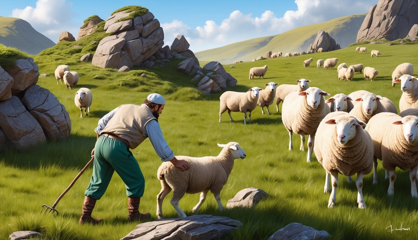 A shepherd searches among rocky hills and green pastures for a lost sheep, while the rest of the flock waits nearby