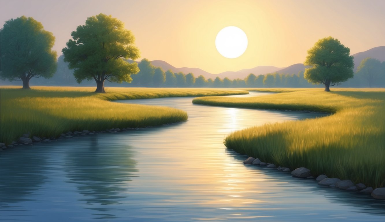 A serene landscape with a calm, flowing river and a bright, shining sun casting a warm glow over the scene