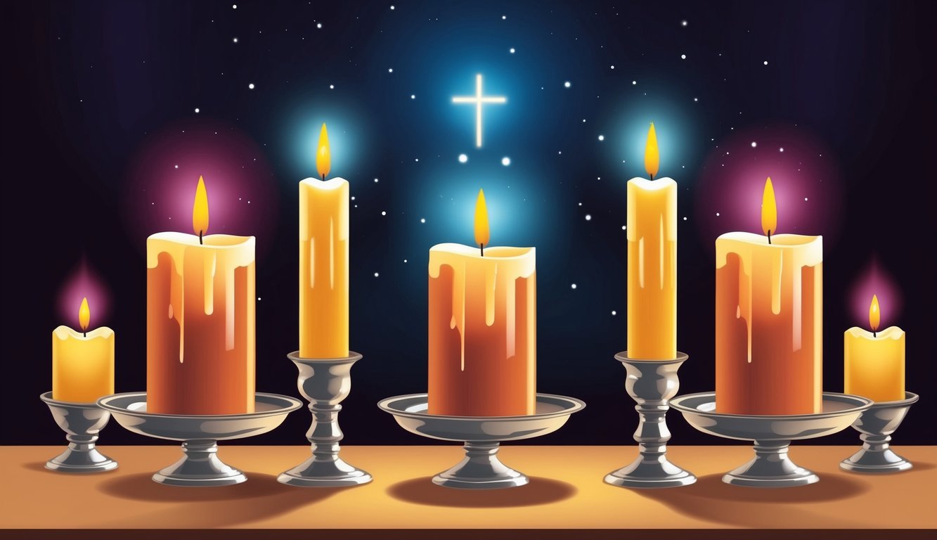 A candle-lit altar with five lit candles, symbolizing the Christian holiday of Candlemas