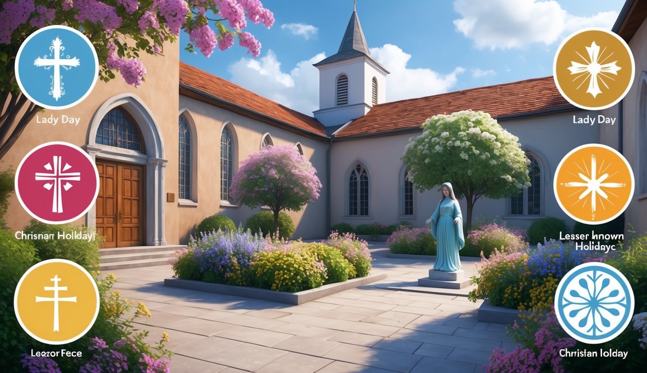 A serene church courtyard with blooming flowers and a small statue of Lady Day, surrounded by symbols of lesser-known Christian holidays