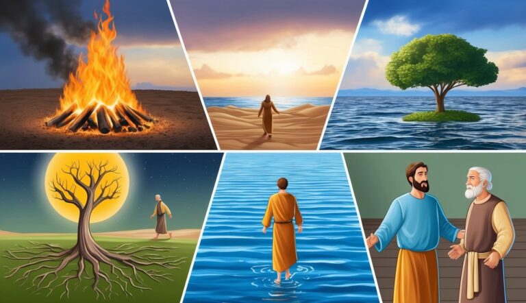 Six illustrations: fire, person walking, tree on water, tree with roots, person in water, two men