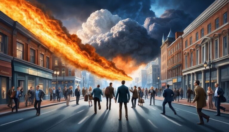People on street watching a fiery meteor in the sky