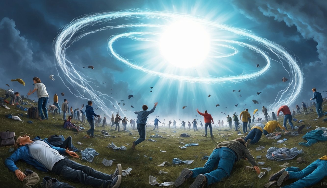 A bright light engulfs the earth as people vanish, leaving behind empty clothes and belongings.</p><p>Misconceptions about the rapture swirl around the chaotic scene