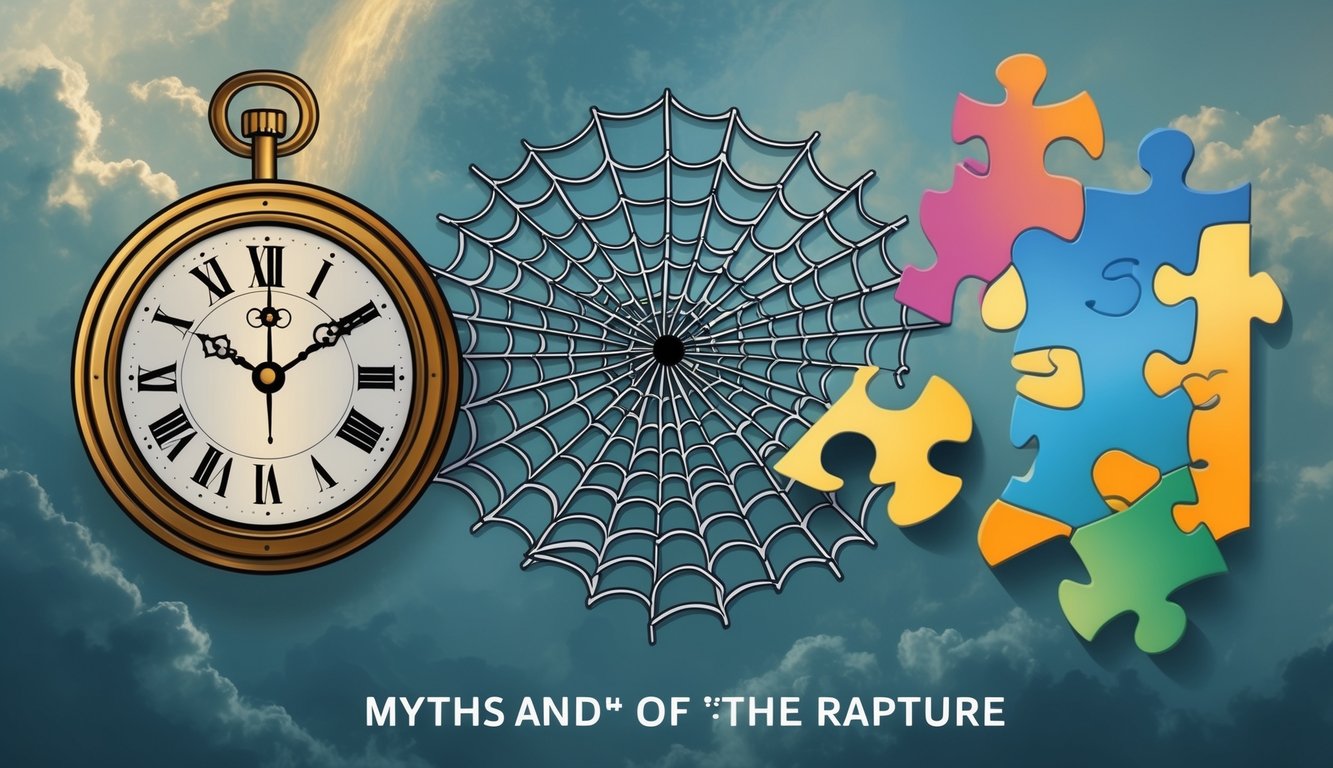 A series of iconic symbols representing myths and the concept of the rapture, such as a broken clock, a tangled web, and a puzzle with missing pieces