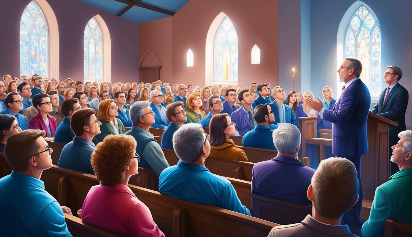 A group of people gather in a church, listening intently as a speaker addresses the audience about the myths surrounding the rapture.</p><p>The room is filled with anticipation and curiosity