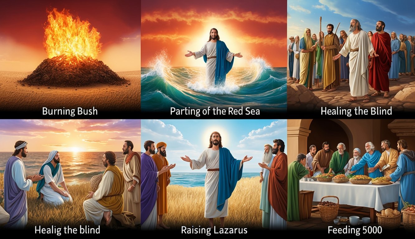 A burning bush, parting of the Red Sea, healing the blind, raising Lazarus, and feeding 5000