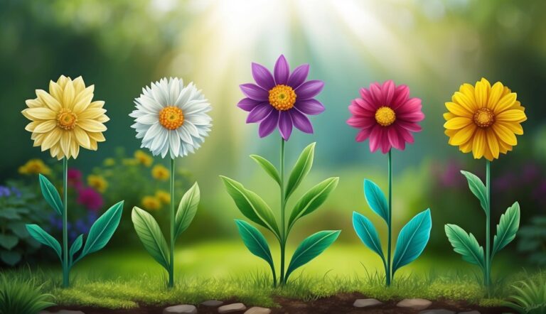Five colorful flowers in a garden with green leaves and grass