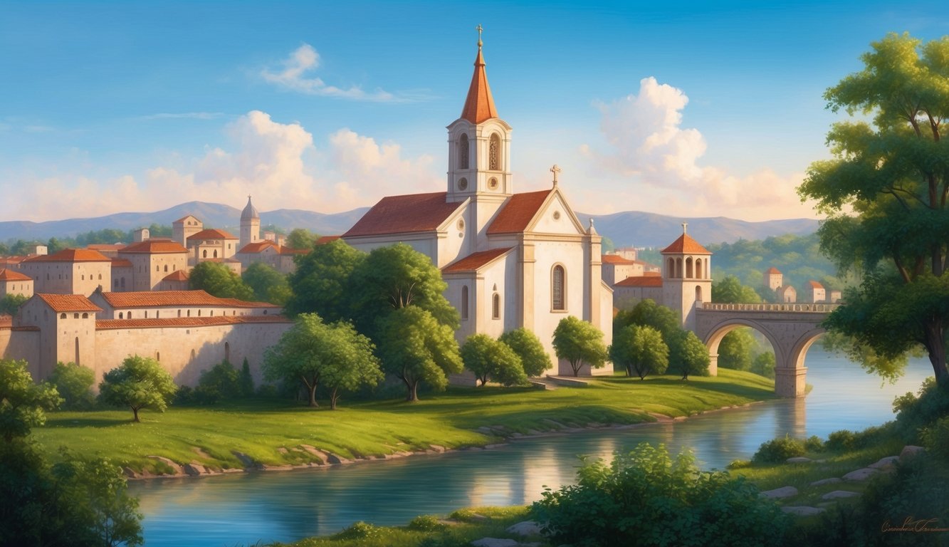 A serene and ancient cityscape with a prominent Christian church, surrounded by lush greenery and a clear blue sky