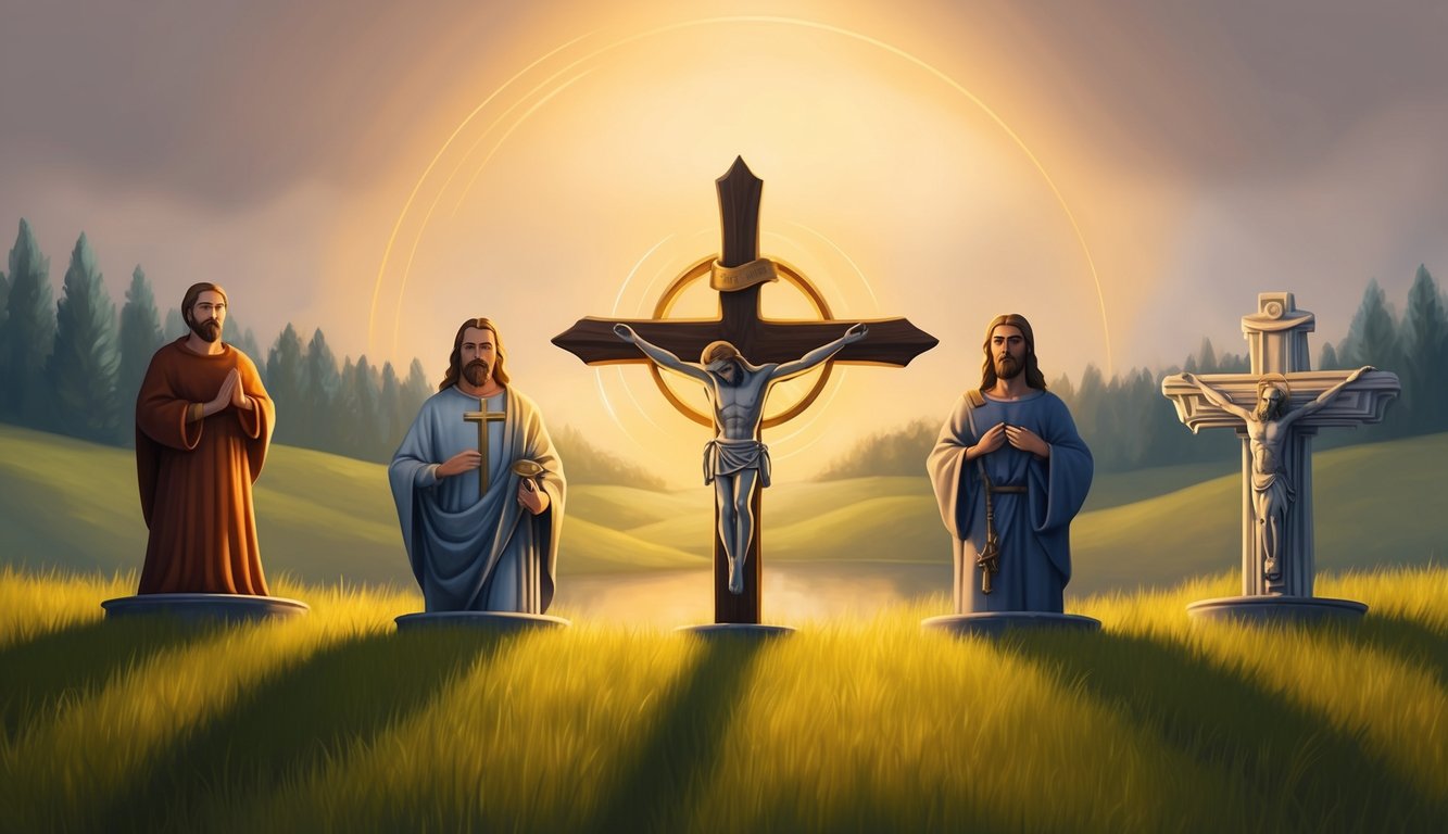 A serene landscape with five symbolic objects representing unsung heroes of the Christian faith, surrounded by a warm, golden light