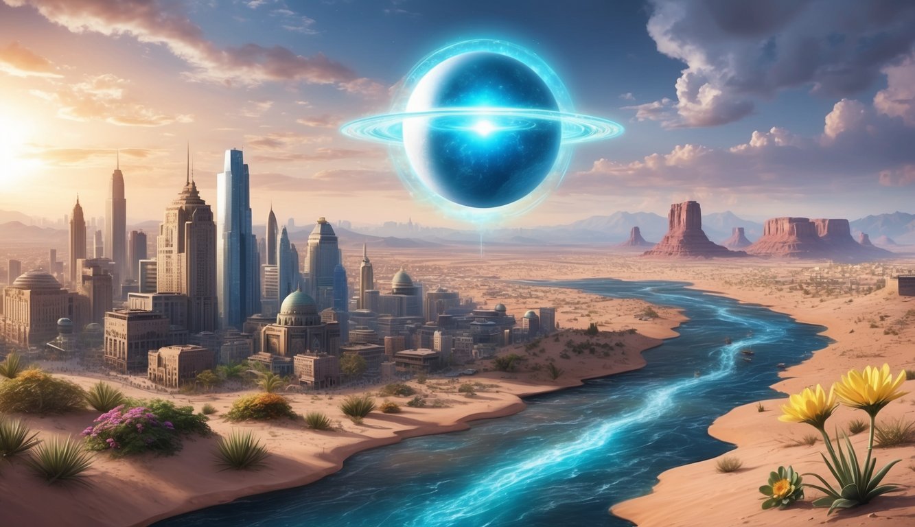 A glowing orb hovers above a bustling city, healing sick patients and restoring damaged buildings.</p><p>Flowers bloom in the desert, and a river flows from a barren wasteland