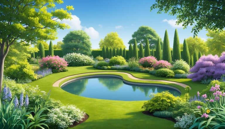 Lush garden with a pond, flowers, trees, and a bright blue sky