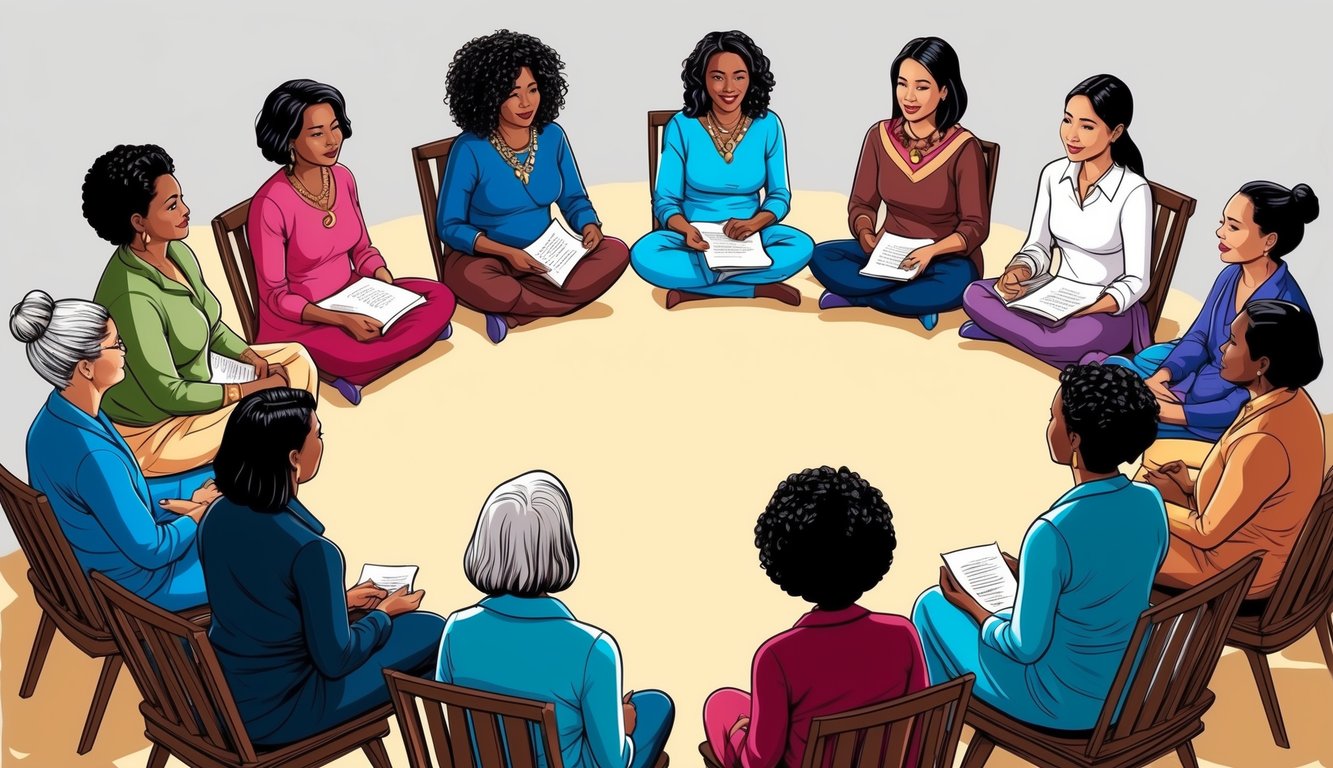 A group of women gather in a circle, leading a discussion and sharing their wisdom with the community