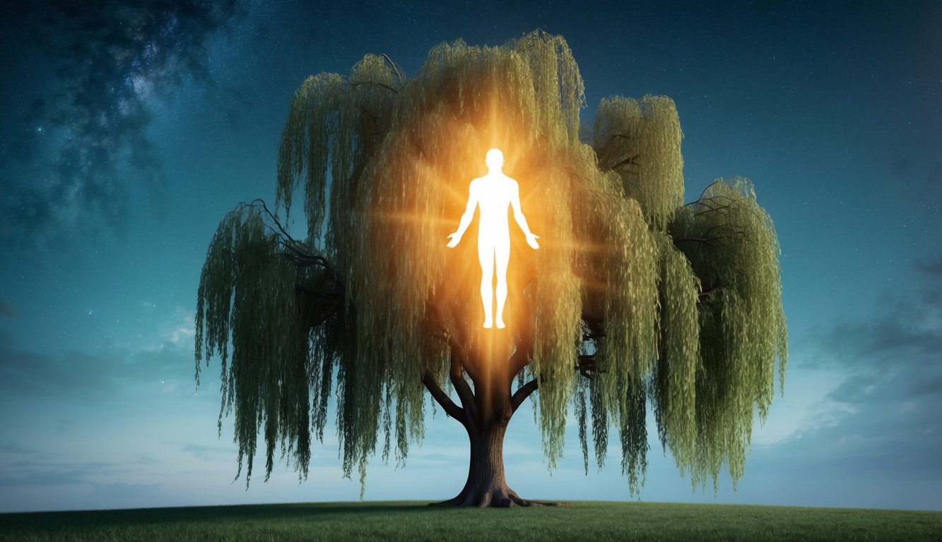 A figure of light hovers above a weeping willow tree, radiating warmth and comfort to the surrounding area