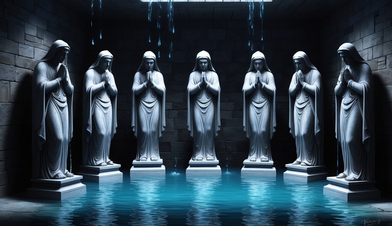 Six stone statues in a dimly lit chamber, each appearing to shed tears of water.</p><p>The room is filled with a sense of mystery and wonder