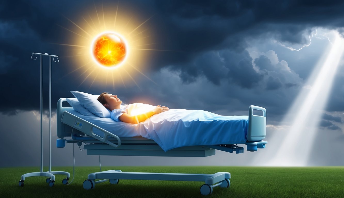 A glowing orb hovers above a hospital bed, healing the patient's incurable illness.</p><p>Outside, a storm rages, but a beam of light breaks through the clouds, illuminating the miraculous scene