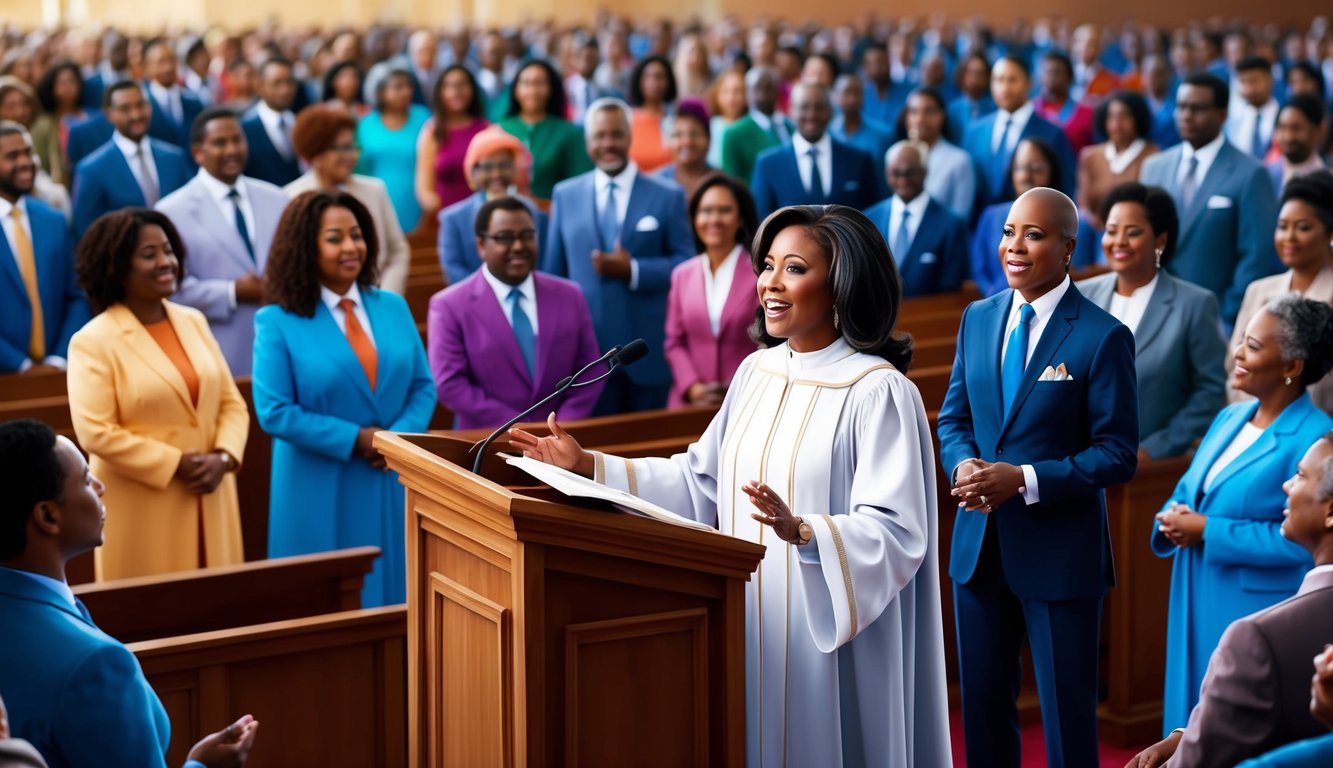 A woman in pastoral robes stands at a pulpit, surrounded by a diverse congregation.</p><p>She speaks with passion and confidence, radiating leadership and authority