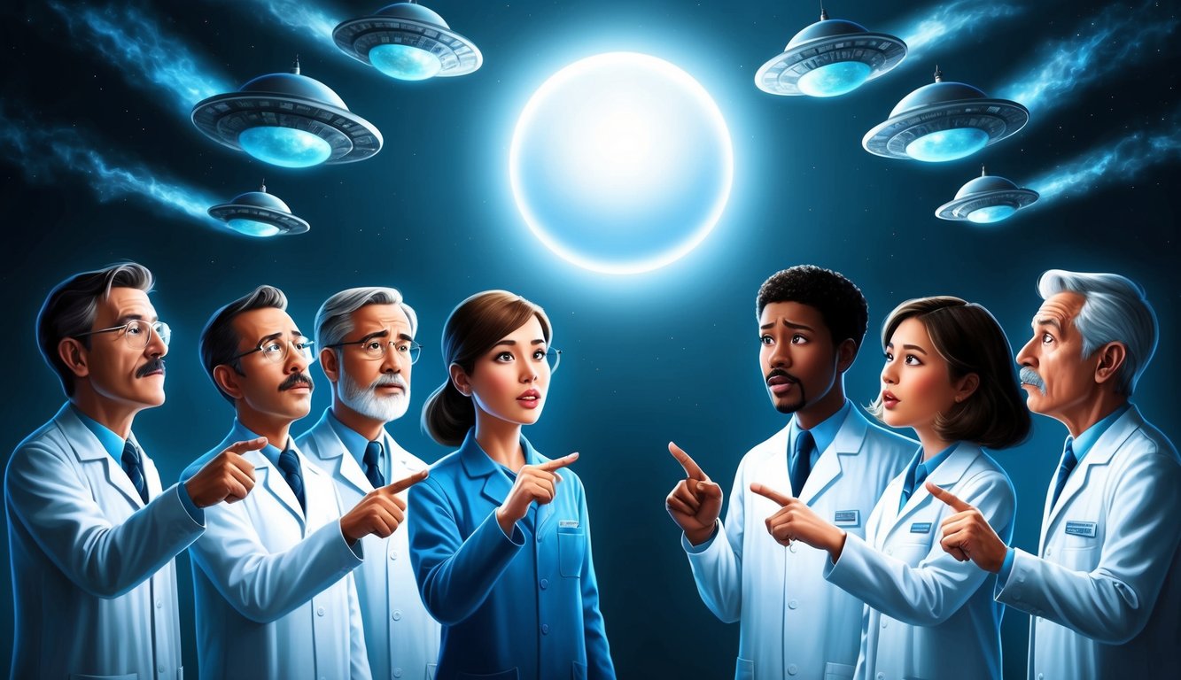 A glowing orb hovers above a group of perplexed scientists, each pointing towards a series of unexplainable phenomena unfolding before their eyes