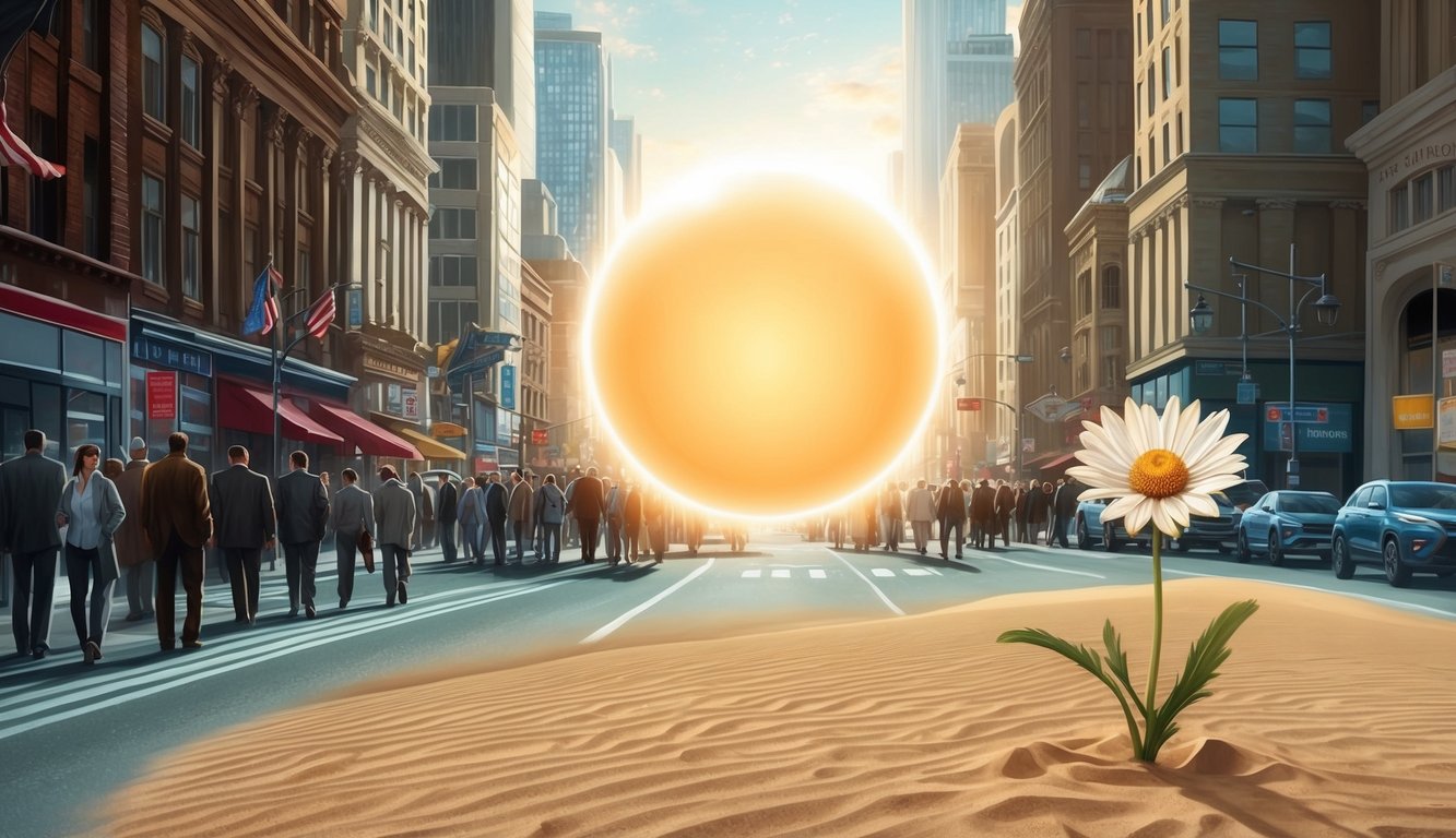 A glowing orb hovers above a crowded city street, while a flower blooms instantly in a barren desert