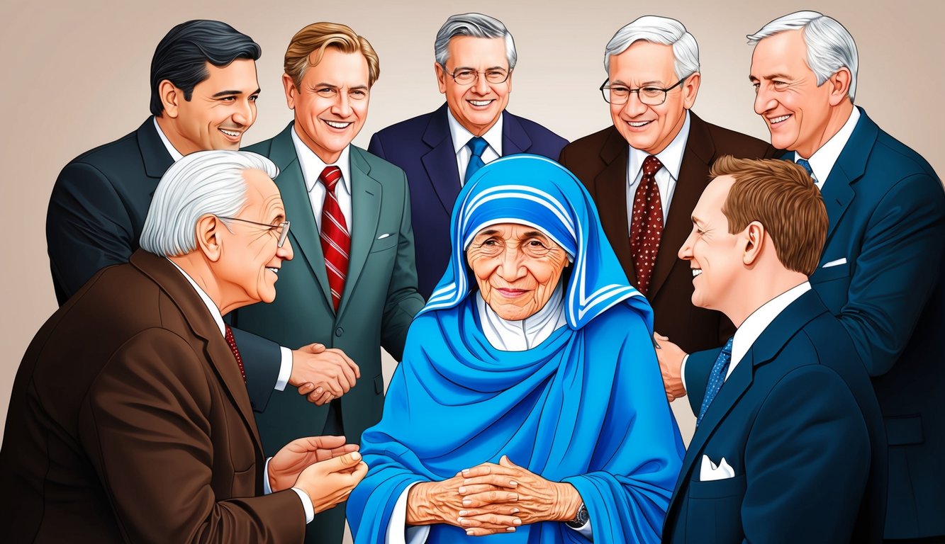 A group of influential figures gather around Mother Teresa, symbolizing her impact on Christian business leaders