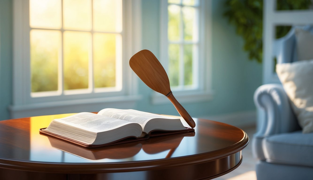 A serene, sunlit room with a wooden paddle and Bible on a polished table, symbolizing Christian domestic discipline