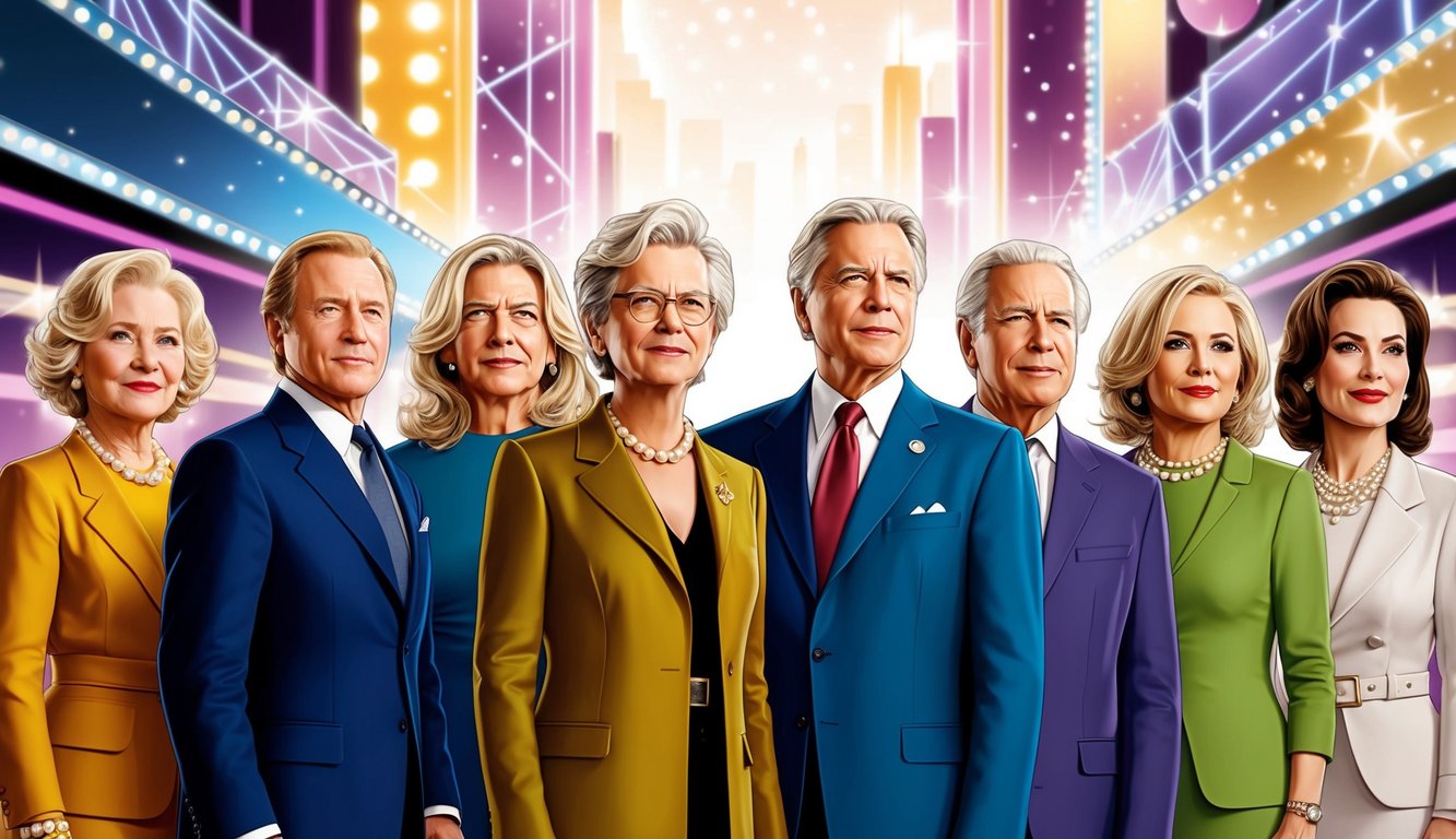 A group of seven prominent figures standing together, each with a resolute expression, surrounded by the glitz and glamour of Hollywood