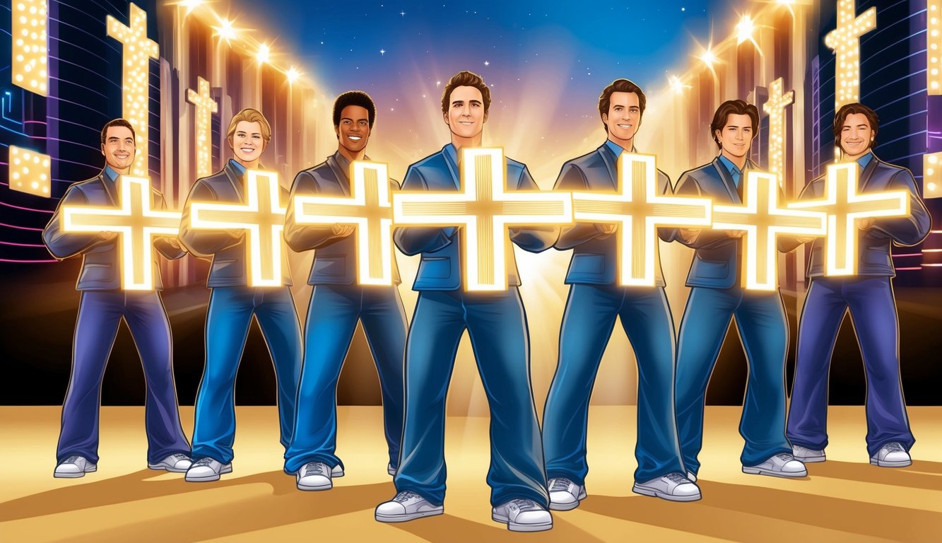 A group of seven shining stars, each with a cross symbol, standing strong against a glitzy Hollywood backdrop