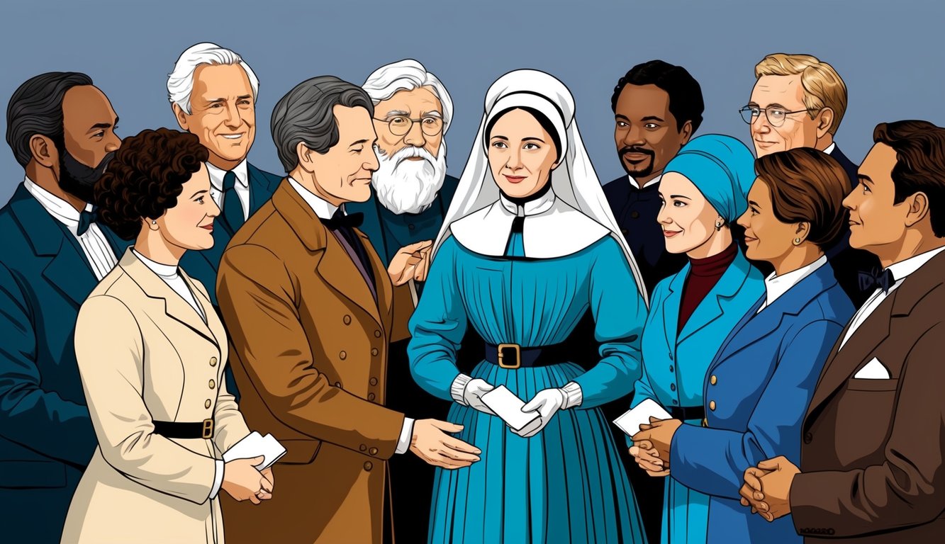 A group of influential figures gather around Florence Nightingale, symbolizing her impact on Christian business leaders