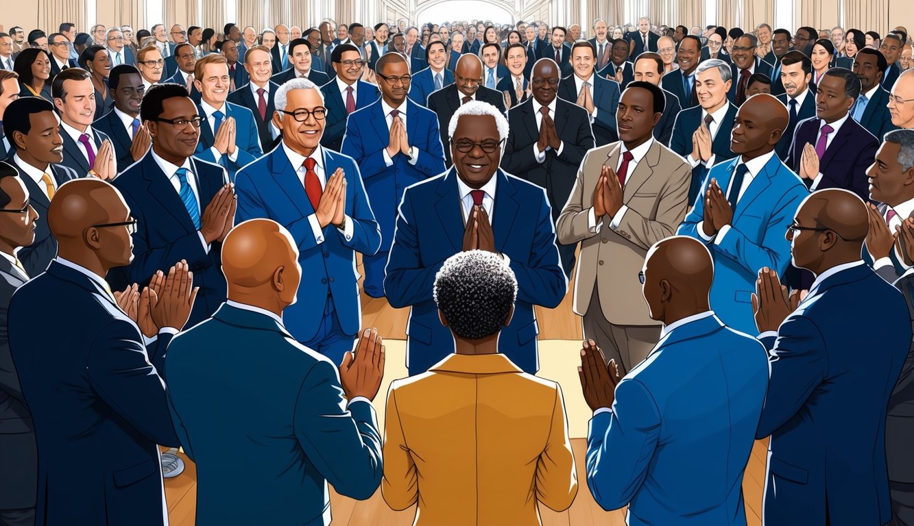 Desmond Tutu leading a group of influential business leaders in prayer and discussion, symbolizing their impact on the world