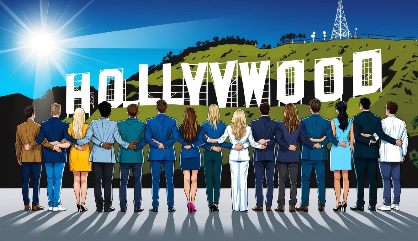 A group of celebrities standing together, turning their backs on a glitzy Hollywood sign, with a spotlight shining on them, symbolizing their choice of faith over fame