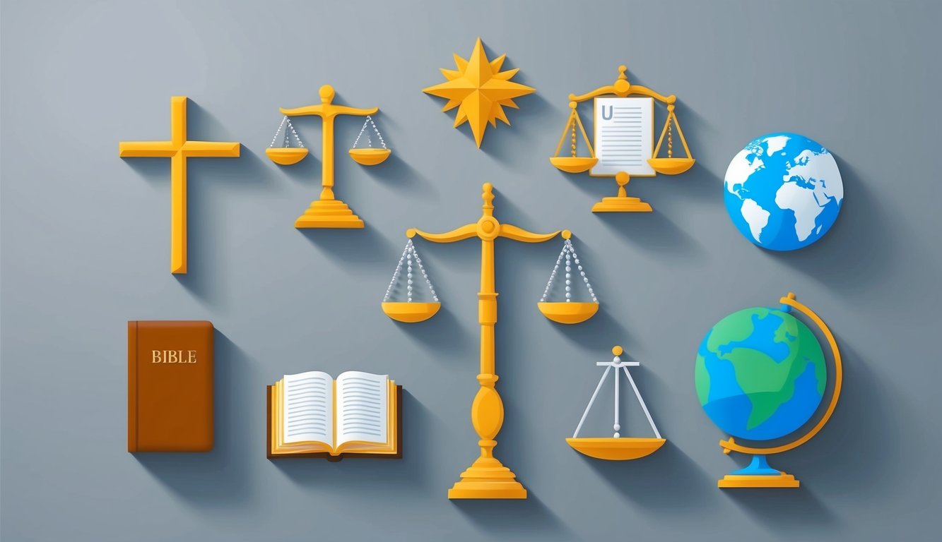 Seven iconic symbols of Christian values in business, such as a cross, Bible, scales of justice, and a globe, arranged in a powerful and impactful composition