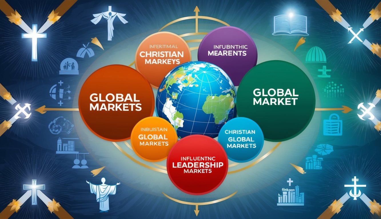 A group of influential symbols representing different global markets, surrounded by Christian imagery and leadership symbols