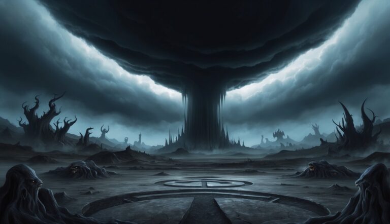 Dark, ominous landscape with a giant storm cloud and monstrous figures