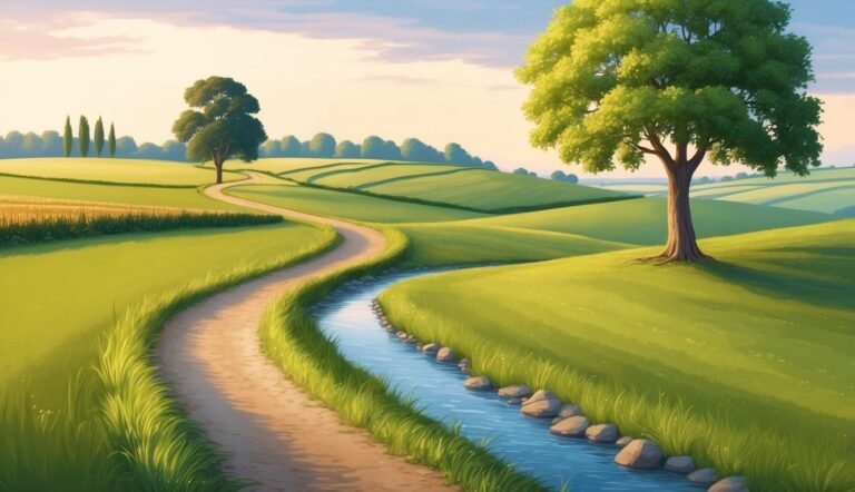 Scenic landscape with a winding path, stream, and rolling green hills