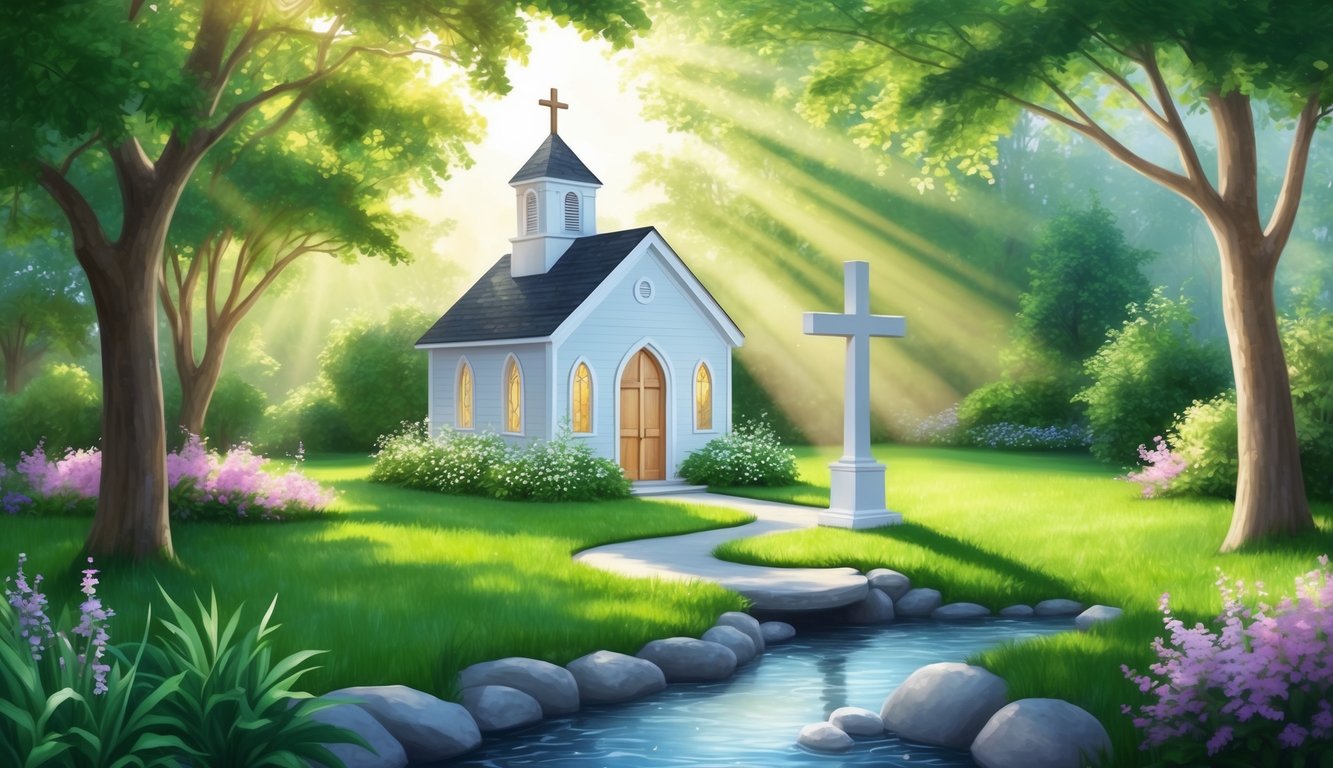 A serene garden with a small chapel, a cross, and a peaceful stream.</p><p>Sunlight filters through the trees, creating a sense of tranquility and spiritual reflection