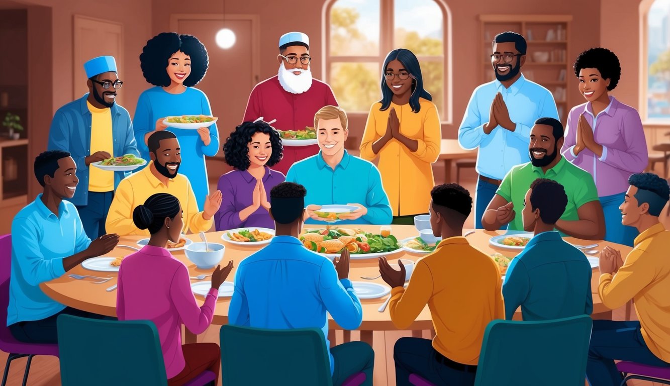 A group of diverse individuals gather in a communal space, engaging in activities such as sharing meals, praying, and participating in group discussions.</p><p>The atmosphere is warm and welcoming, with a sense of unity and fellowship