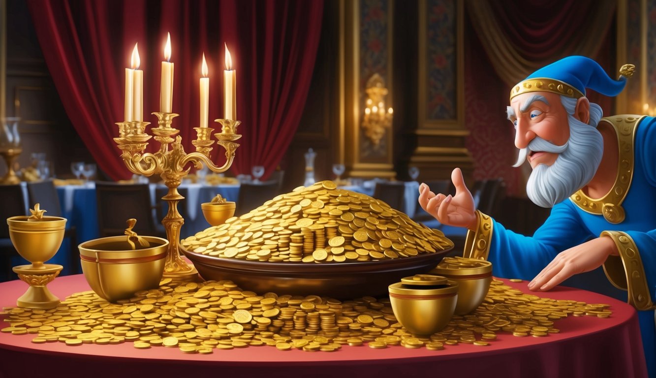 A lavish banquet table with overflowing gold coins and treasures, while a figure looks on with a greedy expression