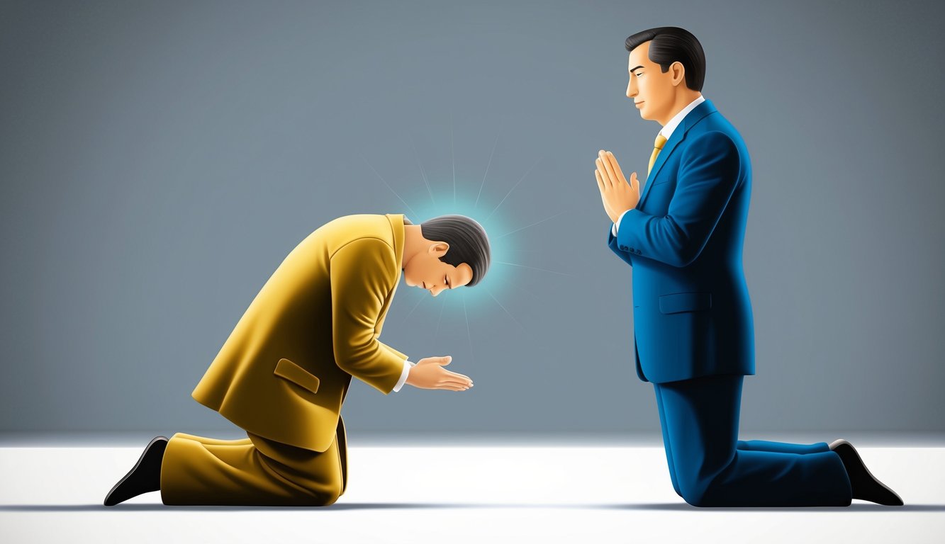 A humble figure kneels with head bowed, while another stands with prideful posture.</p><p>The stark contrast between the two conveys the message of humility in prayer