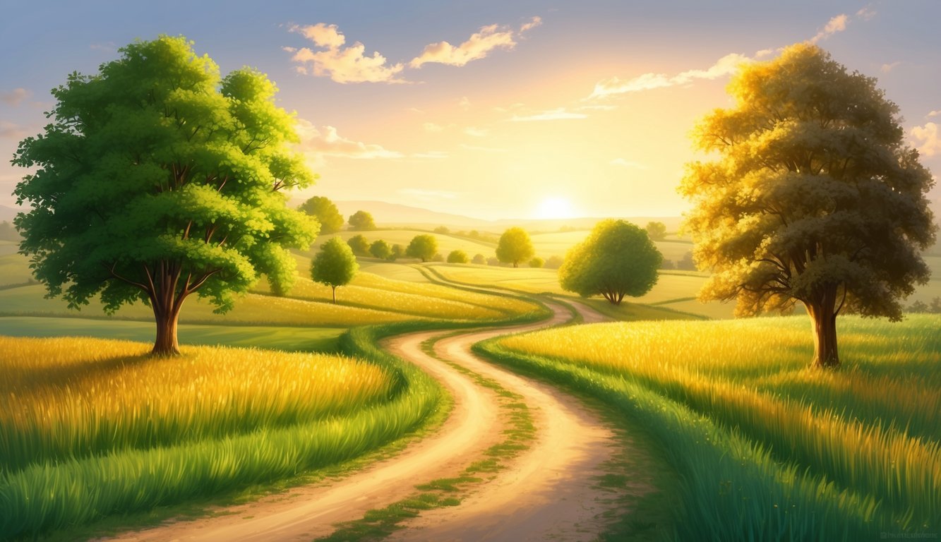 A serene countryside with a winding path, surrounded by fields and trees.</p><p>A warm, golden light bathes the scene, evoking a sense of peace and wisdom