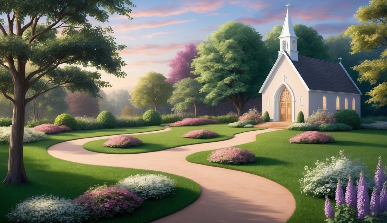 A peaceful garden with a winding path leading to a serene chapel, surrounded by trees and flowers