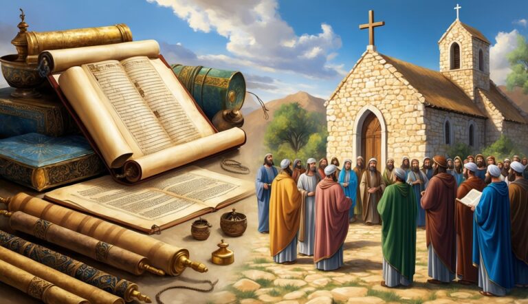 Early christians gathering near a church, scrolls, and books, for facts about christianity