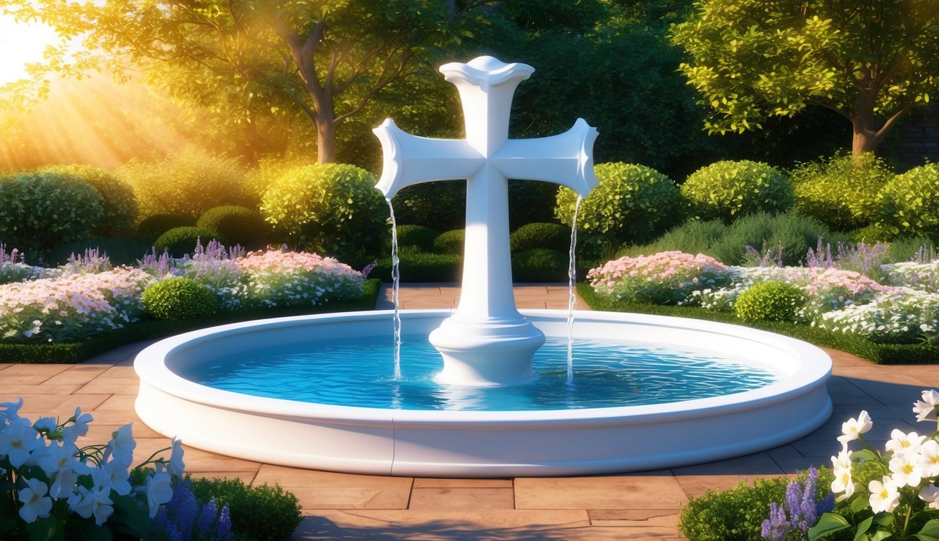 A serene garden with a cross-shaped fountain, surrounded by blooming flowers and illuminated by golden sunlight