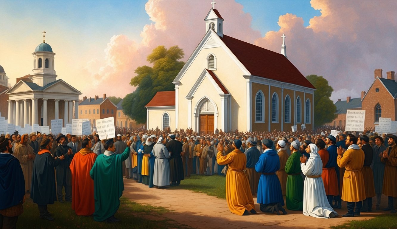 A church with a large crowd outside, some protesting, others in prayer.</p><p>The scene is set against a backdrop of historic events