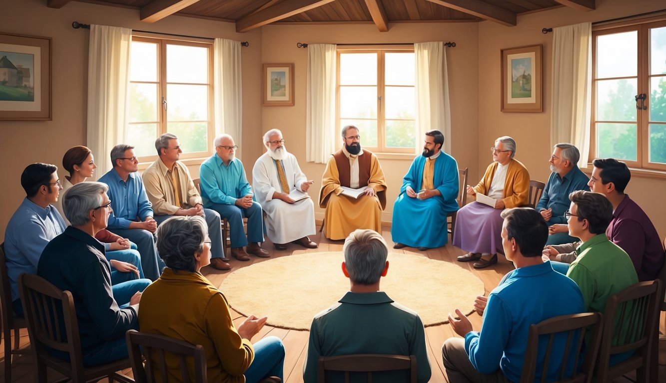 A small group of people gather in a cozy house, sitting in a circle and listening intently as a leader shares the teachings of early Christianity.</p><p>Light streams in through the windows, creating a warm and inviting atmosphere